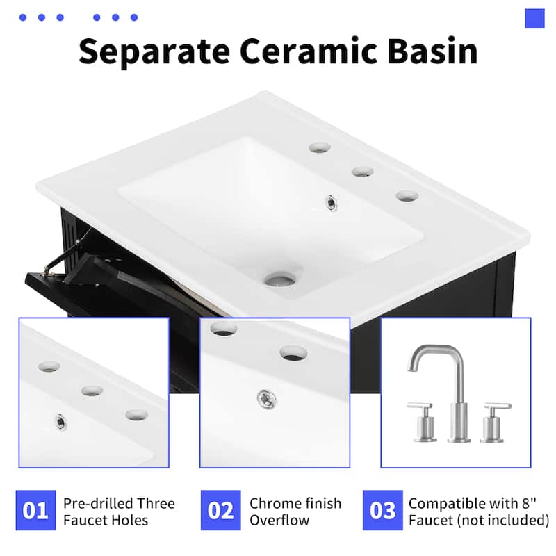 24 Inch Bathroom Vanity with Sink, Flip Drawer and Two Soft-Close Drawers