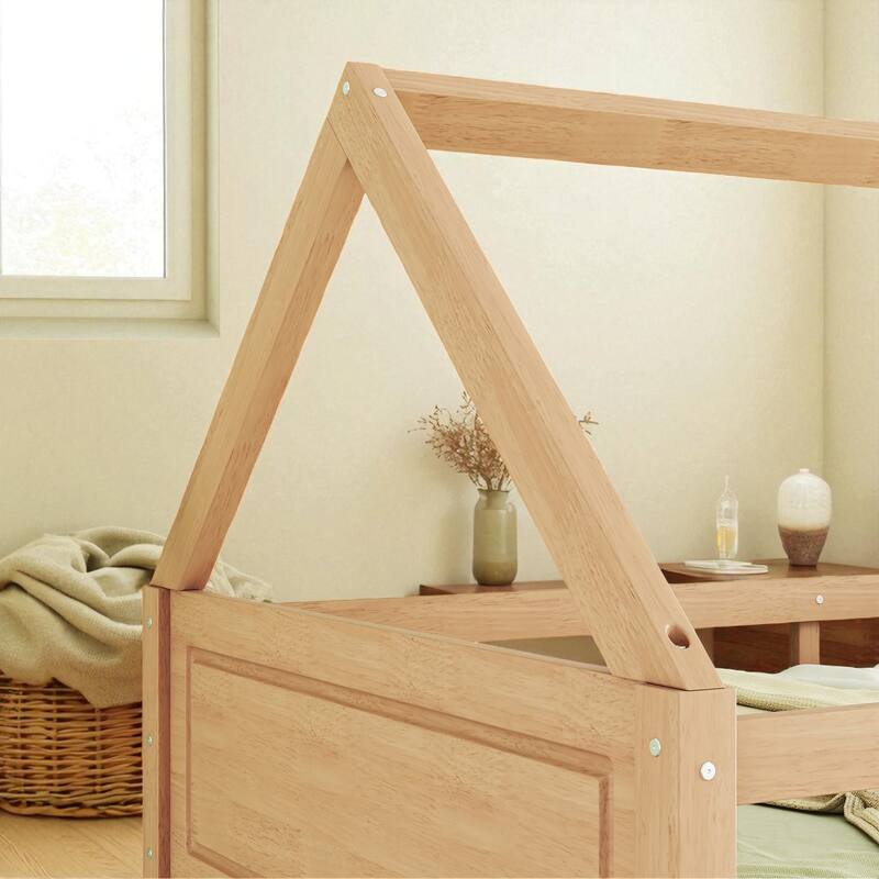 Twin over Twin House Bunk Bed with Roof Frame, Guardrails, Ladder and Headboards, Rubber Wood Kids Floor Bed