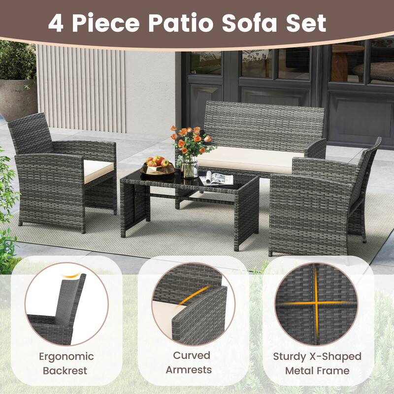 Costway 4 PCS Patio Conversation Set with Seat Cushions & Tempered - See Details