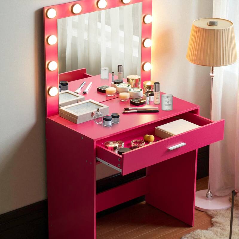 Makeup Vanity Desk with Mirror and LED Lights, Large Drawer, Adjustable Brightness and Storage Shelf