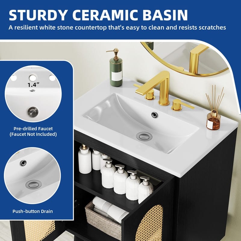 Moasis 24" Bathroom Vanity with Ceramic Sink, Rattan Double Door Cabinet and Drawer, Freestanding Solid Wood Legs