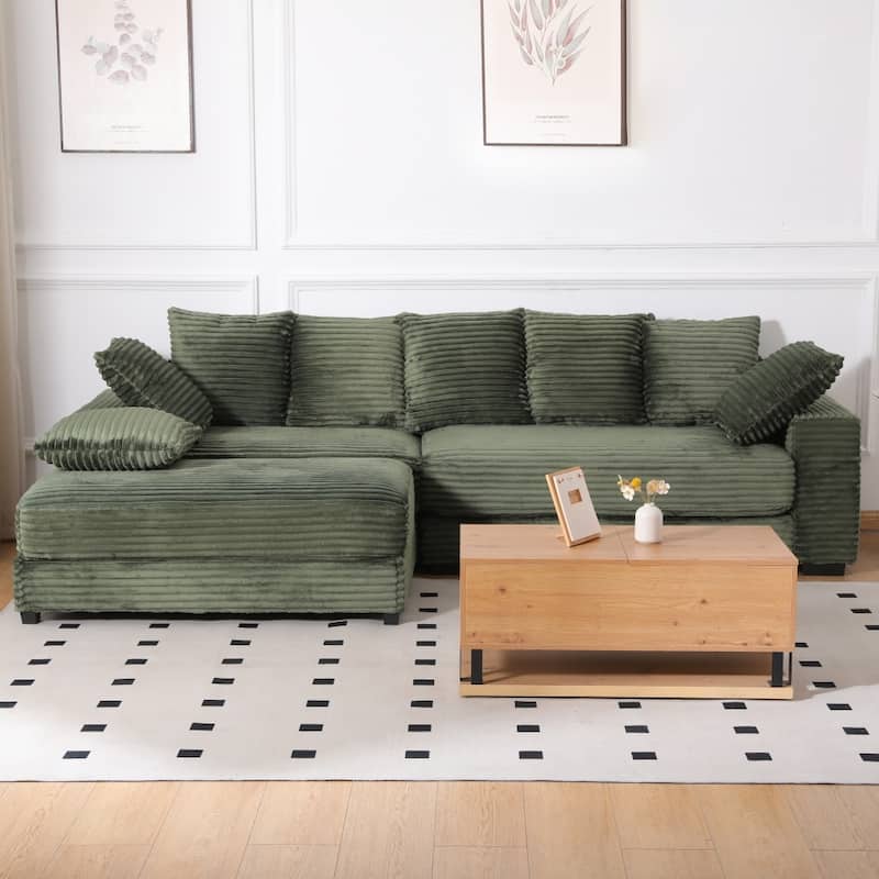 108.66" Thickened Corduroy Sectional Sofa with Storage Ottoman & Throw Pillows - Green