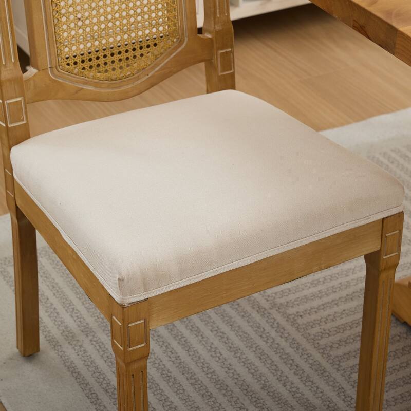 Set of 2 Full Solid Wood Rattan-Back Dining Chair, Matte Linen Cushion with High-Resilience Foam & S-Springs