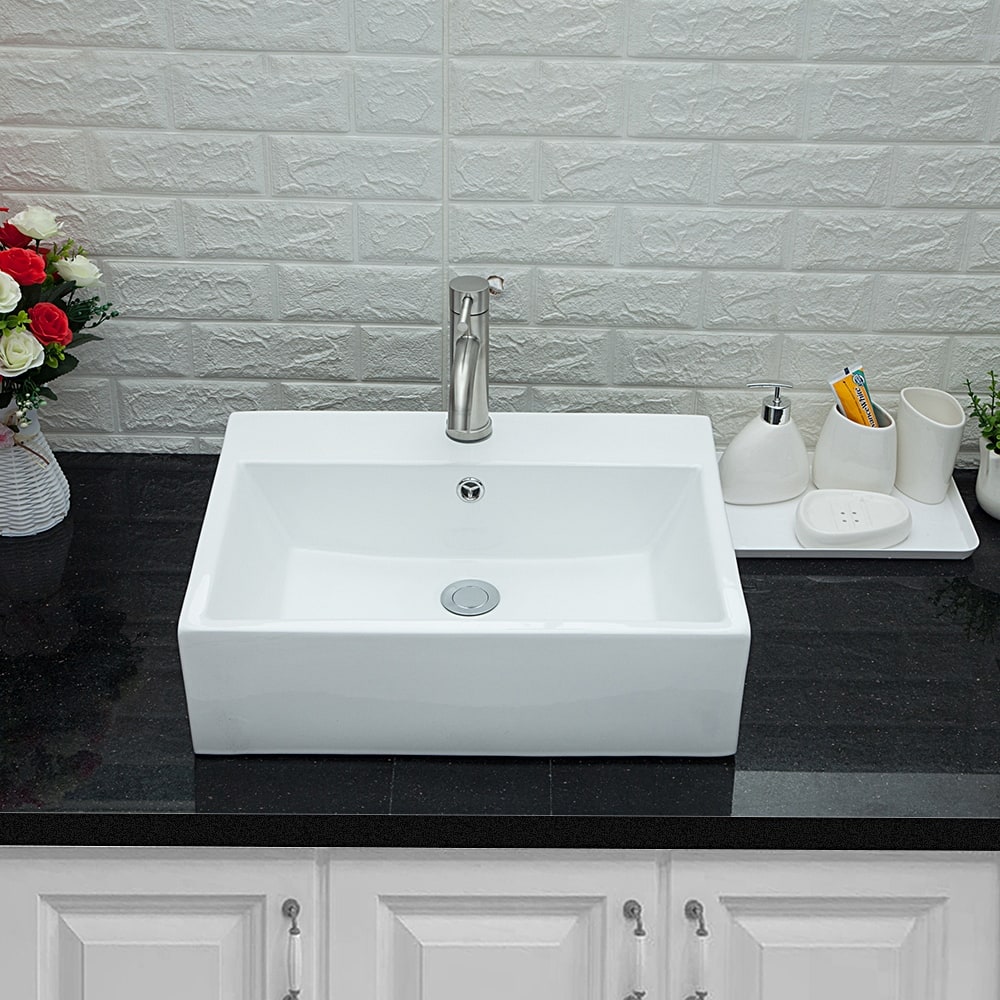 Rectangle Ceramic Bathroom Vessel Sink in White with Faucet Hole