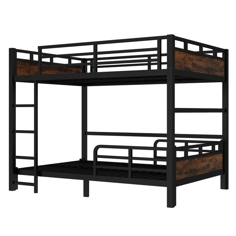 Roomfitters Twin/Full/Queen Metal Bunk Bed & Loft Bed with Raised Safety Fence, Convertible Platform Design, Vintage Wood