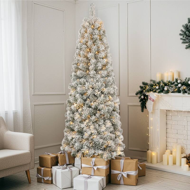 6FT & 7.5FT Pre-Lit Snow-Flocked Artificial Christmas Tree with Warm White Lights - 7.5 Foot - White-7.5ft