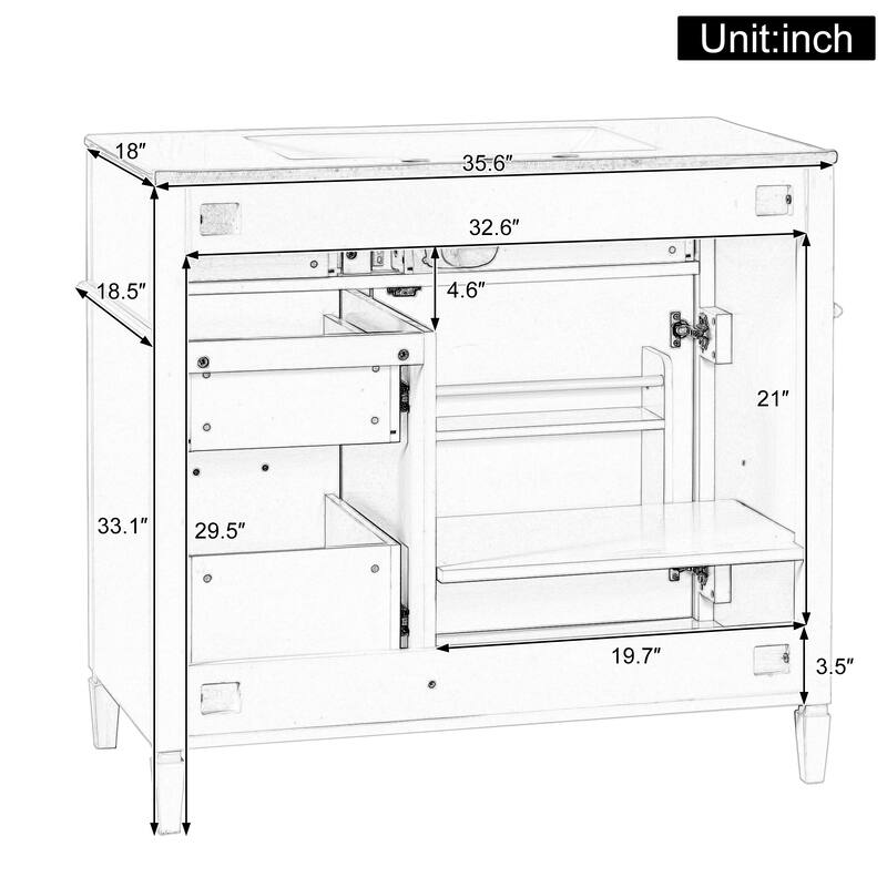 36-Inch Bathroom Vanity with Ceramic Sink Top, Solid Wood Frame and MDF Cabinet,with Adjustable Shelf and Metal Handles