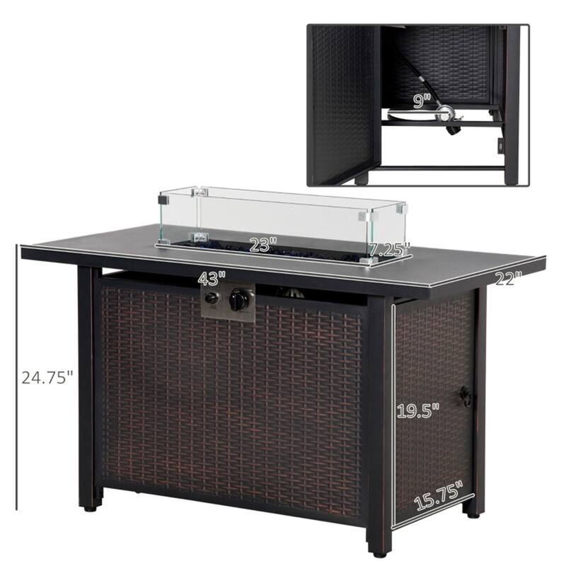 43 Inch Bronze Propane Fire Pit Table with 50000 BTU Burner Glass Wind Guard Lid Blue Fire Glass - 43" L x 22" W x 24.75" H