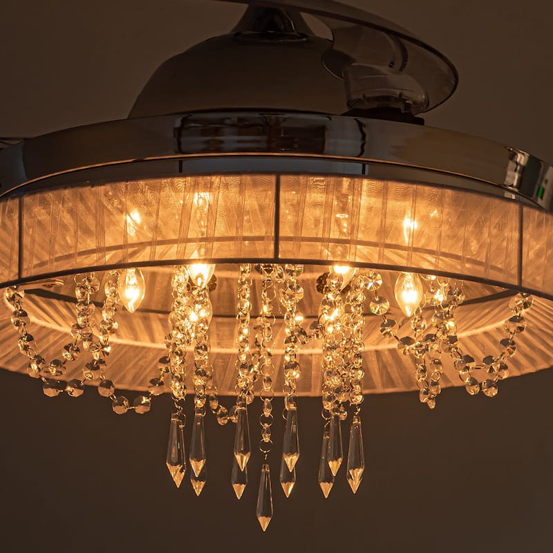 42" Chrome Modern Retractable Chandelier Ceiling Fan with Light and Remote