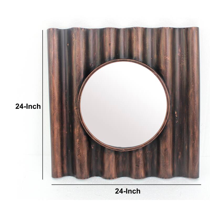 Traditional Style Wooden Round Mirror with Panpipe Style Frame , Brown - clear