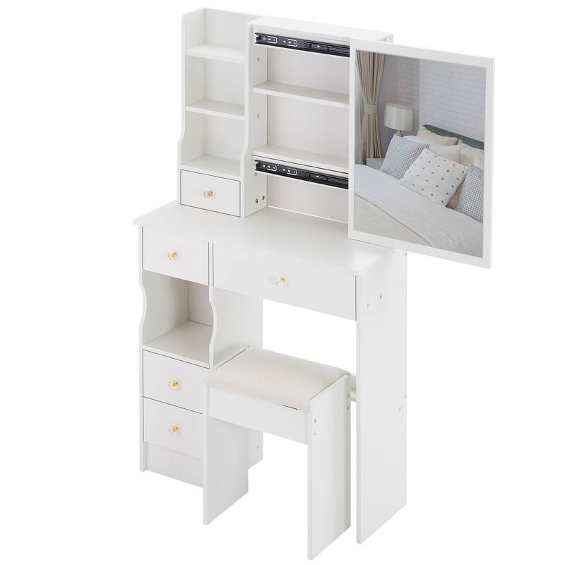 29.2" Small Space Left Drawer Desktop Vanity Table + Cushioned Stool, Extra Large Right sliding mirror