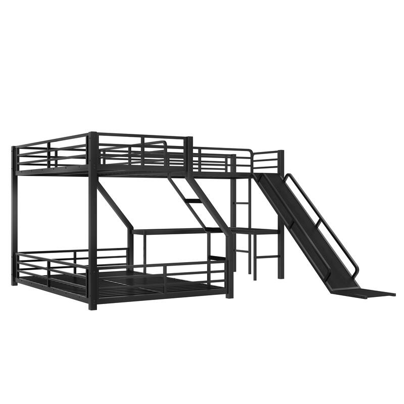 L-Shaped Twin XL over Queen Bunk Bed with Twin Size Loft Bed, Metal Triple Bunk Bed with Slide and USB Ports, Space-saving