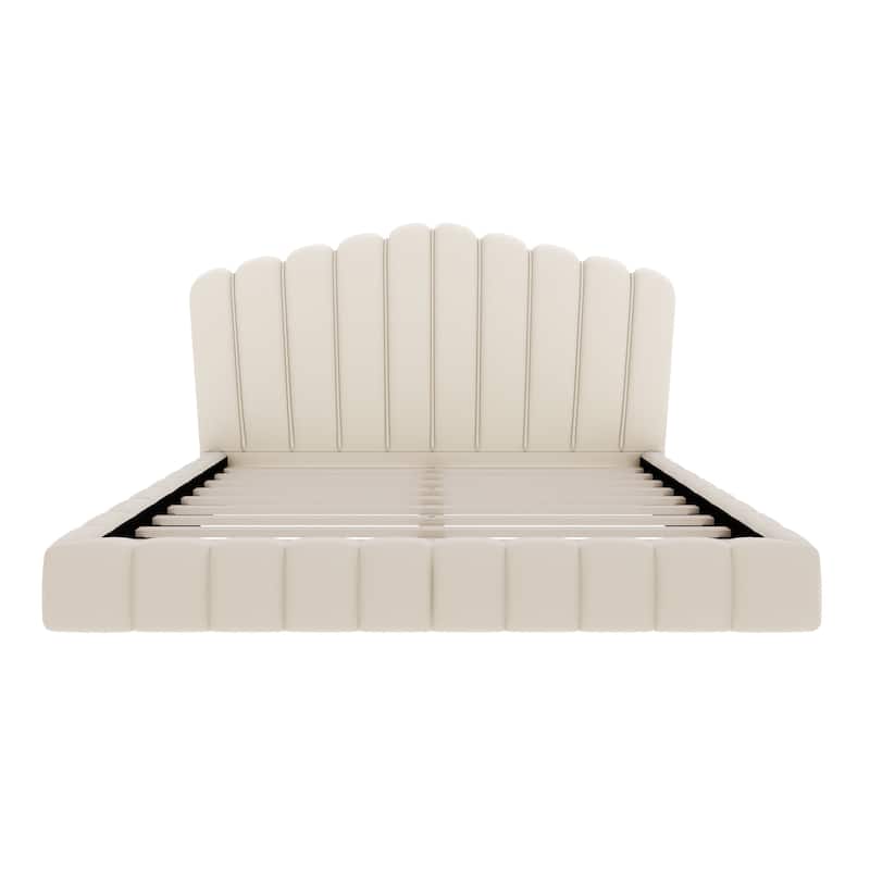 Velvet Upholstered Queen Bed Frame Floor Bed Shell-Shaped Headboard Wingback Frame Bed, No Box Spring Needed