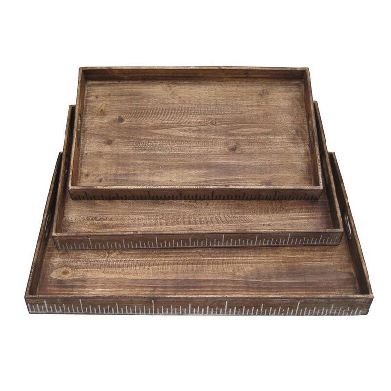 Rough Sawn Textured Rectangular Wooden Ruler Tray, Set of 3, Brown