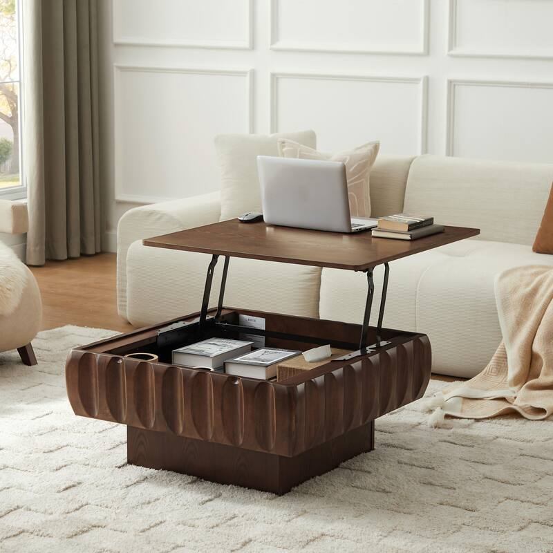 Square Lift-Top Coffee Table with Solid Wood Frame and Hidden Storage