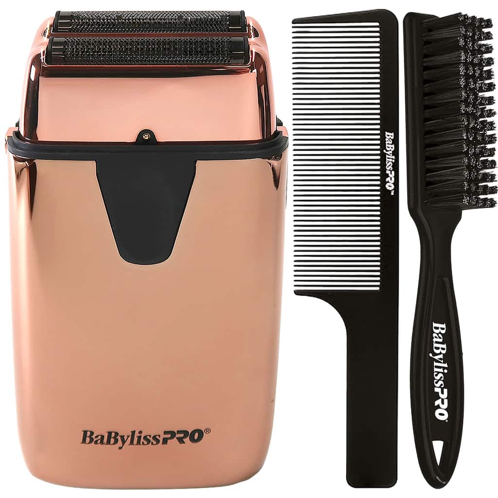 BaByliss Pro LIMITED EDITON UVFOIL UV-Disinfecting Metal Double Foil Shaver #FXLFS2RG (Rose Gold) + Fade Brush + 9" Comb