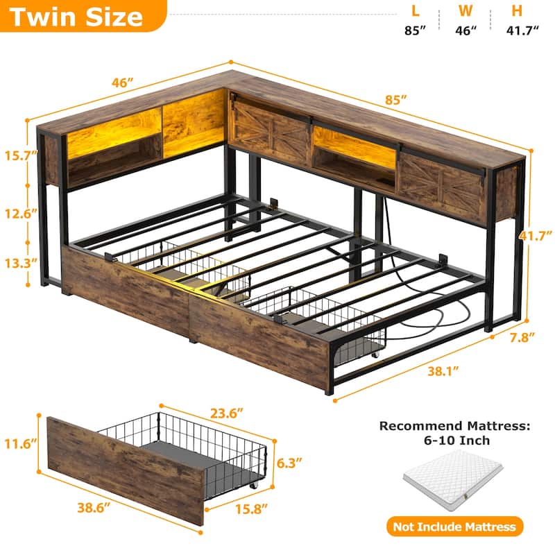 Corner Daybed with Drawers and Bookcase, Twin Bed Frame with LED Light and Charging Station
