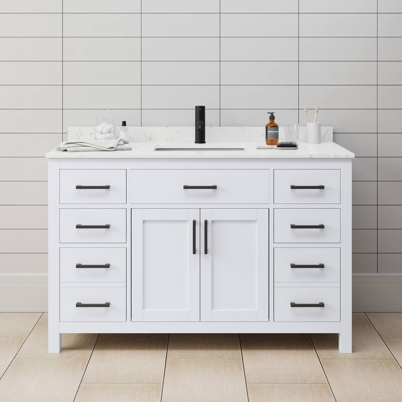 Wyndham Collection Beckett 54" Free Standing Single Basin Vanity Set - White / Carrara Cultured Marble Top / Matte Black