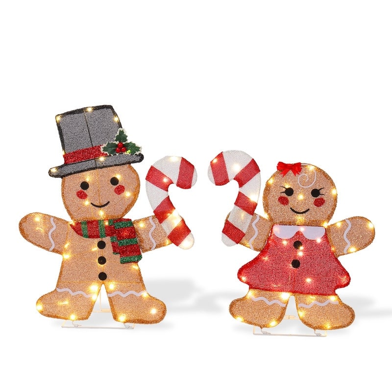 Set of 2 Lighted Gingerbread Man and Candy Cane Christmas Decorations - BROWN