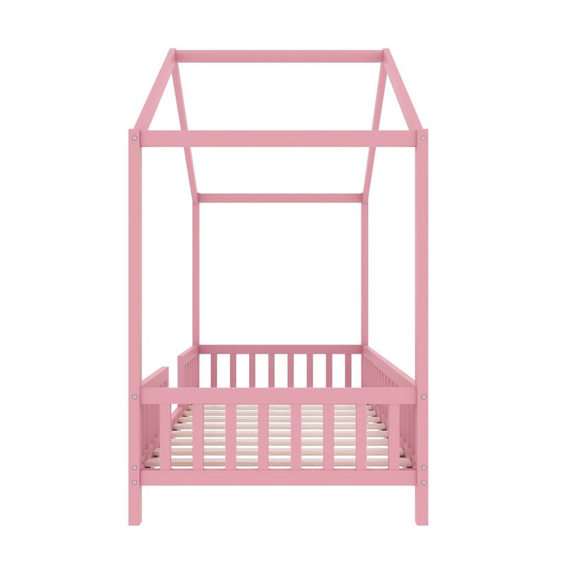 Montessori Floor Bed with Canopy, Twin Bed Frame for Kids, House Shape Toddler Bed Frame with High Railings,Twin