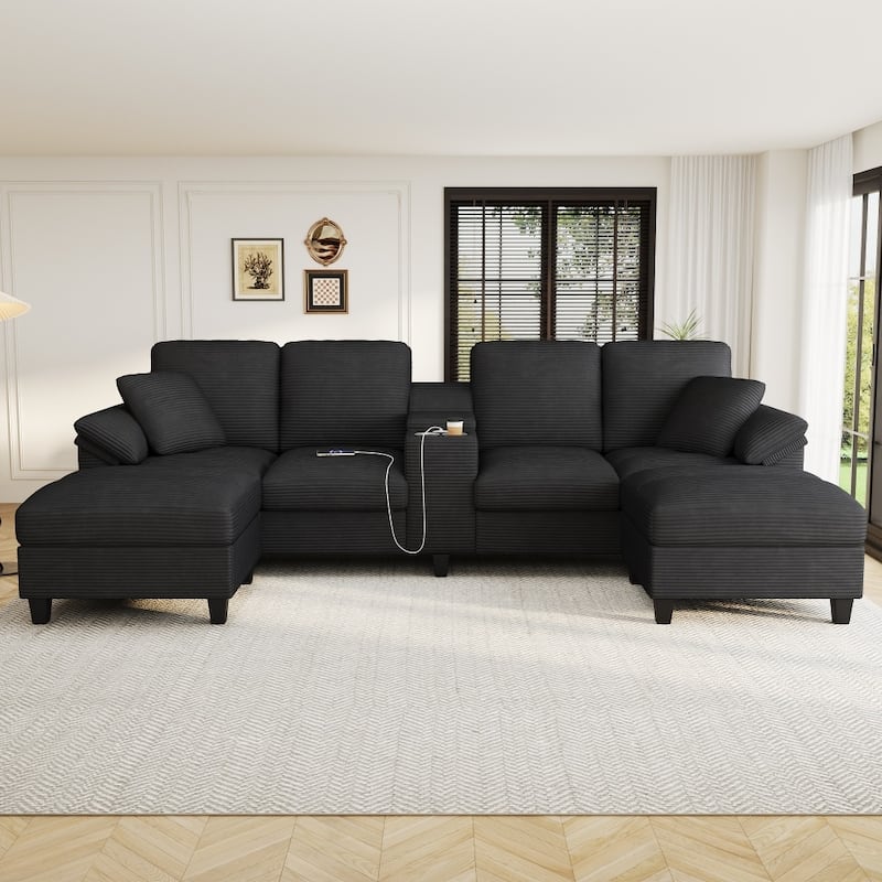 116.9" Modern Sectional Sofa with Storage Ottomans and USB Ports, Cup Holders - Black