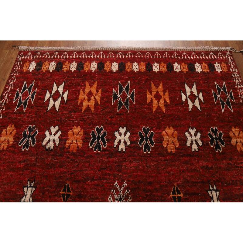 Hand Knotted Oriental 100% Wool Carpet Modern Tribal Red Moroccan Area Rug - 9' 9'' X 6' 9''