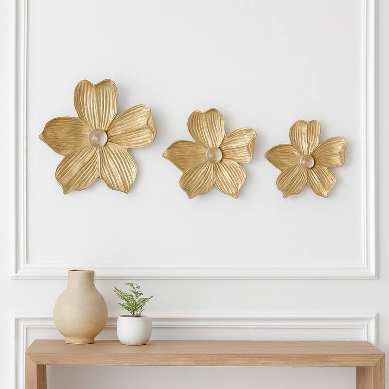Modern Five Petal Flower Decorative Wall Art Sculpture- Set of 3, 18", Gold