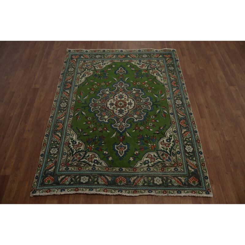 Hand Knotted Oriental 100% Wool Carpet Traditional Floral Green Tabriz Area Rug - 6' 1'' X 4' 8''