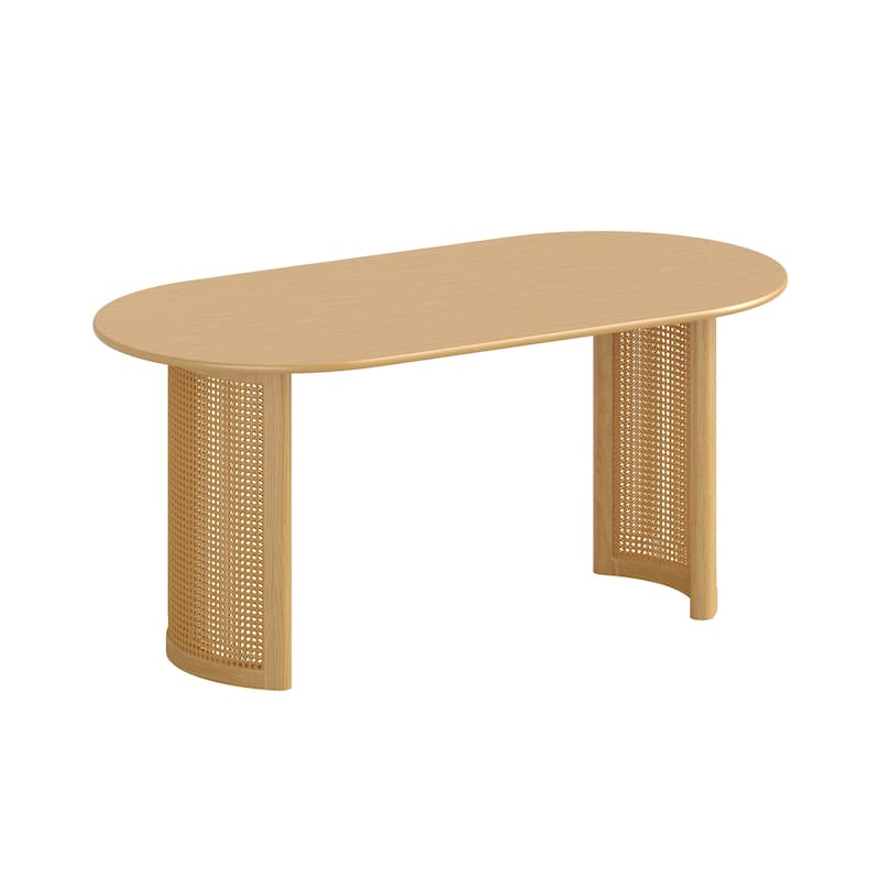 Oval Dining Table with Arc-Shaped Edge Top and Rattan Woven Base Modern Farmhouse Kitchen Table for Living Room Dining Room