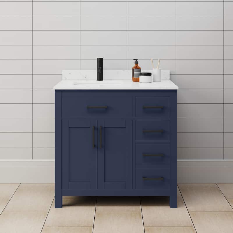 Wyndham Collection WCG242436S-UNSMXX Beckett 36" Free Standing Single - Dark Blue / Carrara Cultured Marble Top / Matte