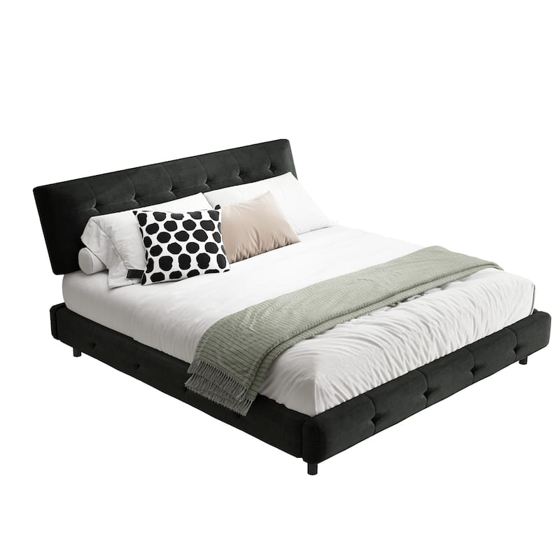King Size Bed Frame,Tufted Headboard with Extra-Large Ultra-Soft Cloud Pillow Design,Chenille Platform Bed