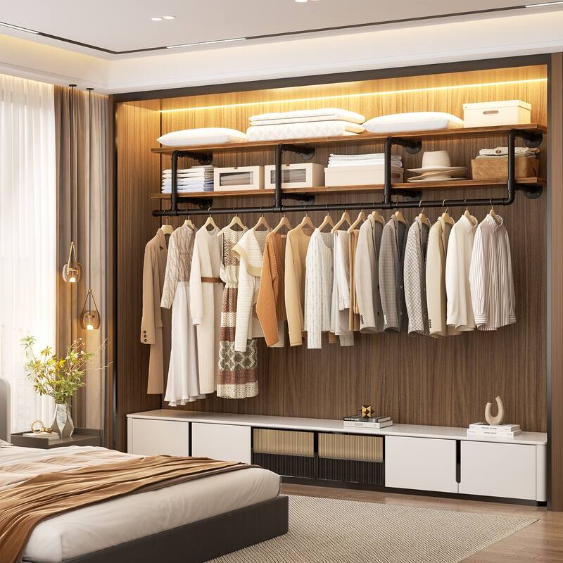 Floating Pipe Heavy-Duty Garment Rack, Wall-Mounted Closet Organizer with Storage Shelves