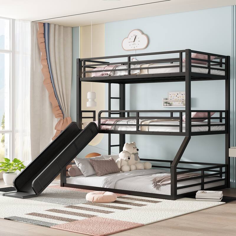 Metal Triple Bunk Bed Frame with Full Length Guardrail, Slide and Ladder, Heavy Duty Metal Slat Support, Noise Free - Black - Twin