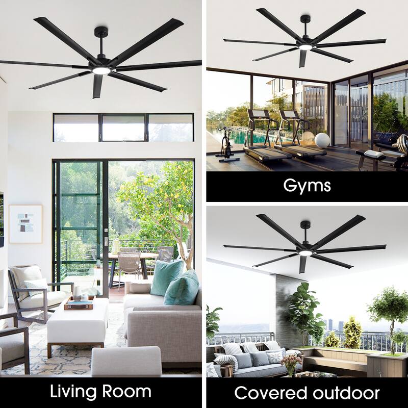 84" Matte Black Dimmable Large Industrial Ceiling Fan with LED Light and Remote - 84 in. D x 84 in. W x 15.3 in. H