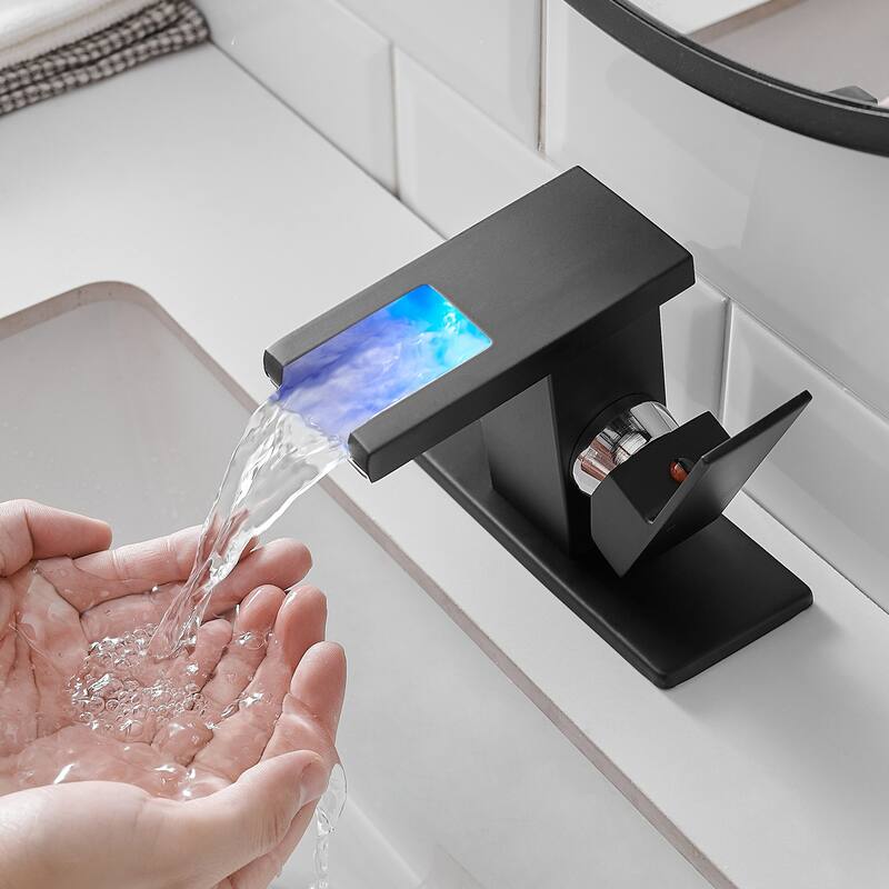 Stainless Steel LED Single Handle One Hole Bathroom Sink Faucet Waterfall with Drian - 2.6 In. W X 4.9 In. H X 6.3 In. D - Black