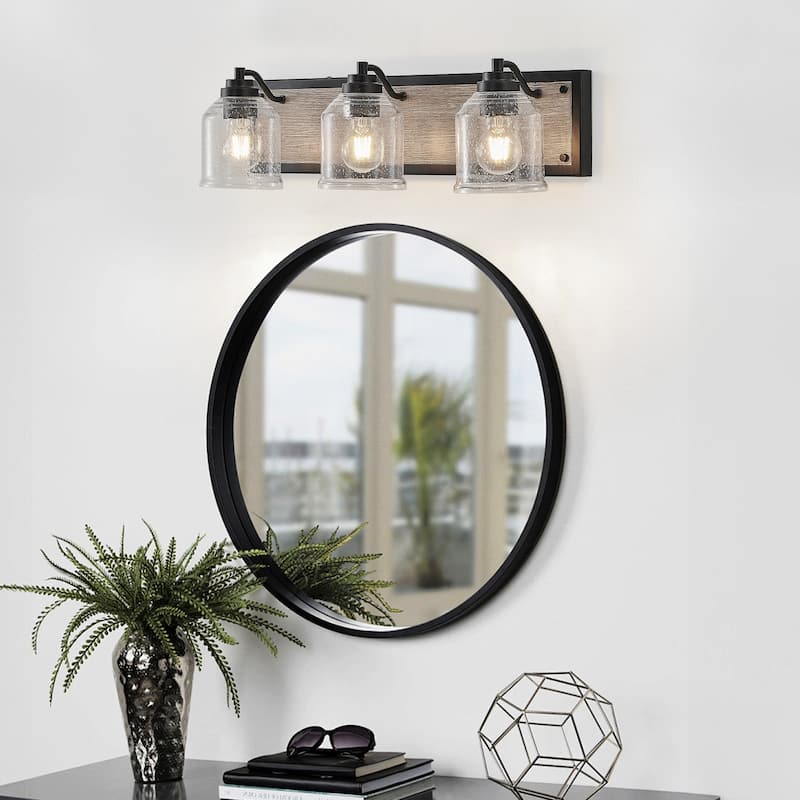 23" Farmhouse Vanity Light Fixture, 3-Light Bathroom Wall Sconce with Clear Seeded Glass Shades, Black and Wood Grain Finish - Black