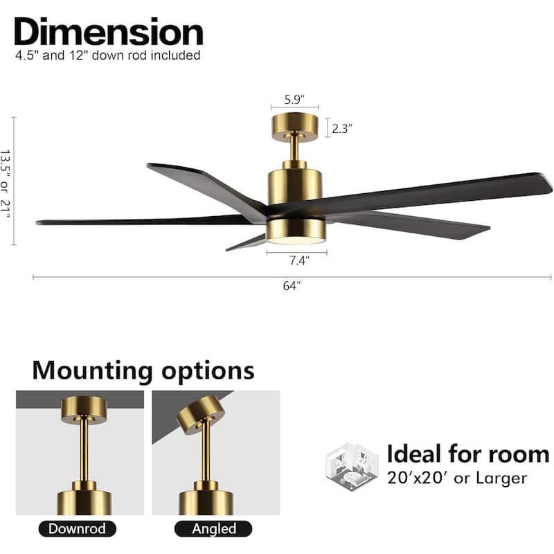 64" Gold Aero Blade Ceiling Fan with LED Light and Remote - 64"D x 64"W x 21"H