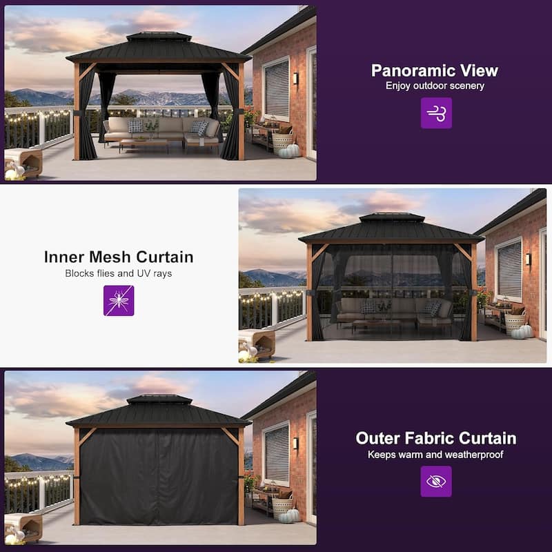 PURPLE LEAF Patio Hardtop Gazebo for Outdoor Wood Grain Aluminum Frame Galvanized Steel Double Roof and Backyard Garden