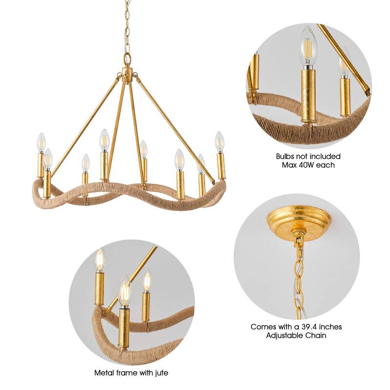 Modern Farmhouse Gold Natural Jute Large Candle Chandelier - 27.6 in. D x 27.6 in. W x 23.6 in. H