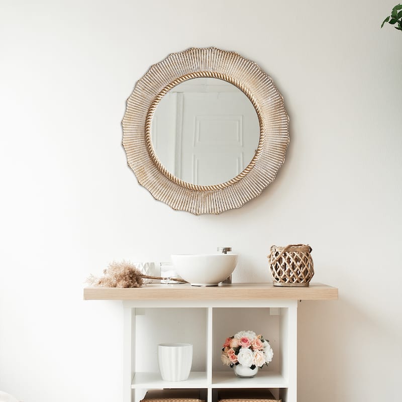 30" Bohemian Beige Round Wooden Decorative Bathroom Vanity Wall Mirror