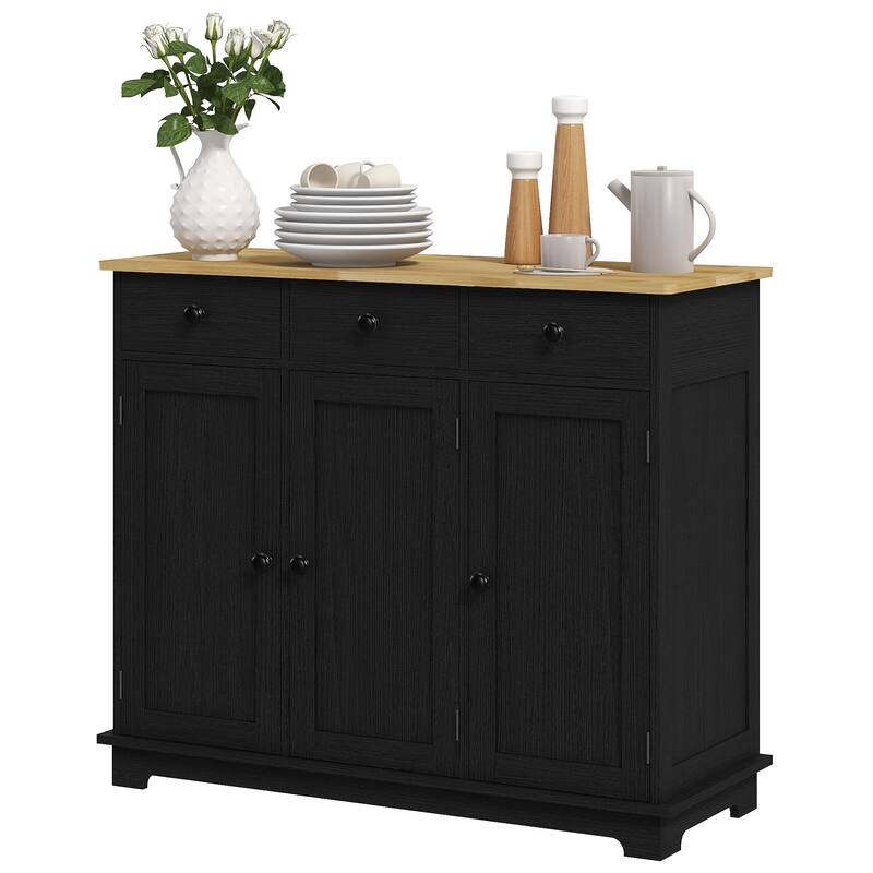 Sideboard with Solid Wood Countertop, Modern Kitchen Storage Cabinet, Coffee Bar Cabinet with 3 Drawers