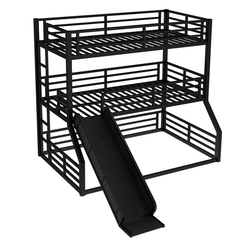 Roomfitters Twin/Full/Queen Metal Triple Bunk Bed with Slide, Safety Guardrails, Heavy-Duty Noise-Reduced Frame, Black