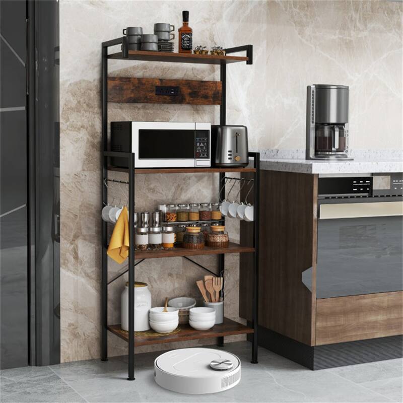 4-Tier Rustic Brown Kitchen Bakers Rack with Built-in Charging Station and Hooks Safety Rails - 23" × 13" × 54" (L x W x H)