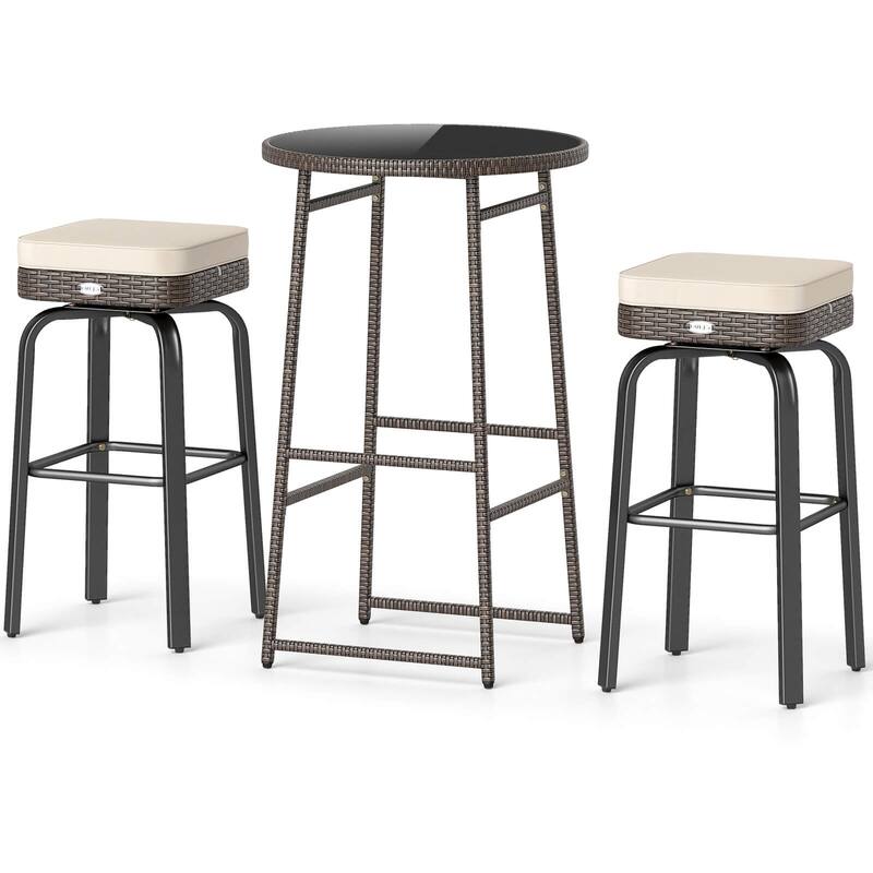 Costway 3 PCS Outdoor Swivel Bar Set with 2 Chairs, Tempered Glass - See Details