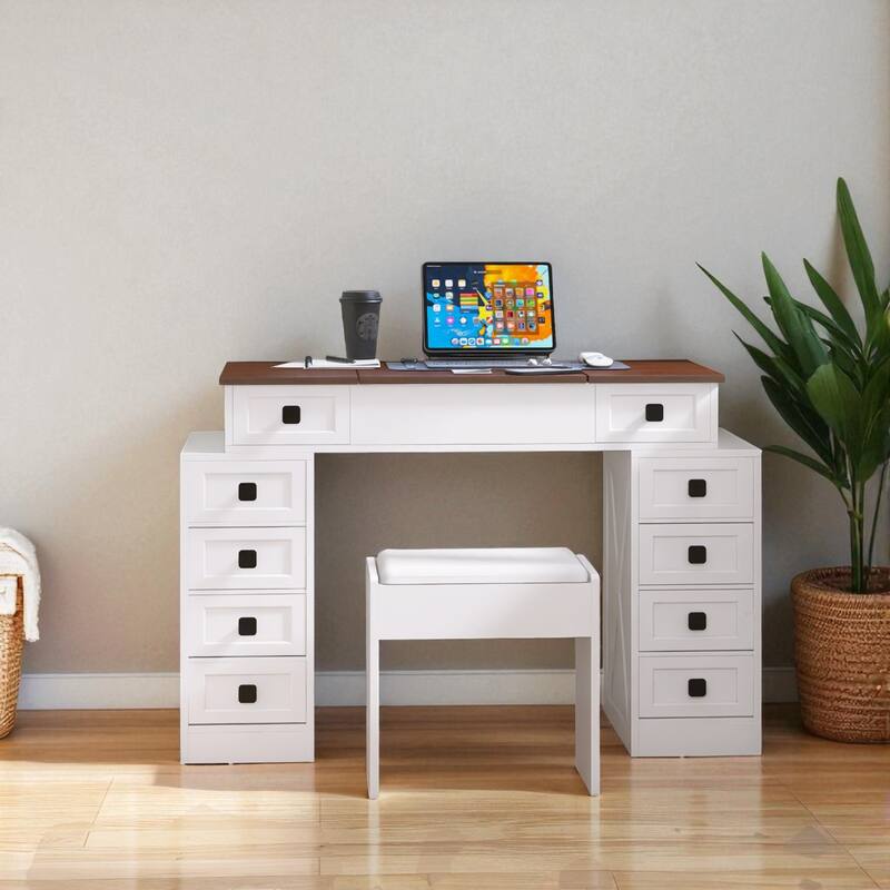 Vanity Desk with Flip-Up Mirror, 10 Drawers & Dimmable LED Lights, Makeup Table Set with Stool