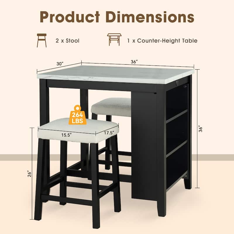 Black Bar Table and Chairs Tall Kitchen Breakfast Nook with Stools, Storage Shelves