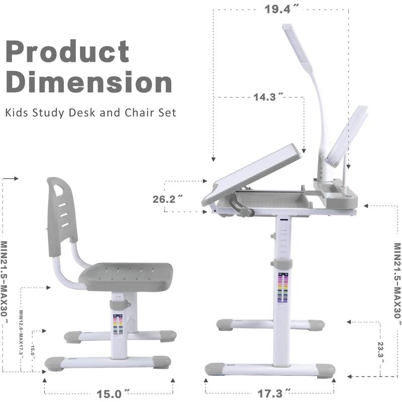 Adjustable Kids Desk and Chair Set with Tilt Desktop LED Lamp Storage Accessories Ergonomic Study - 15.0" x 15.0" x 21.3"-30"