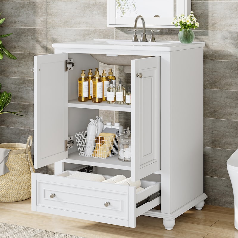 24'' Modern Freestanding Solid Wood Bathroom Vanity with Ceramic Sink, Adjustable Shelf Storage