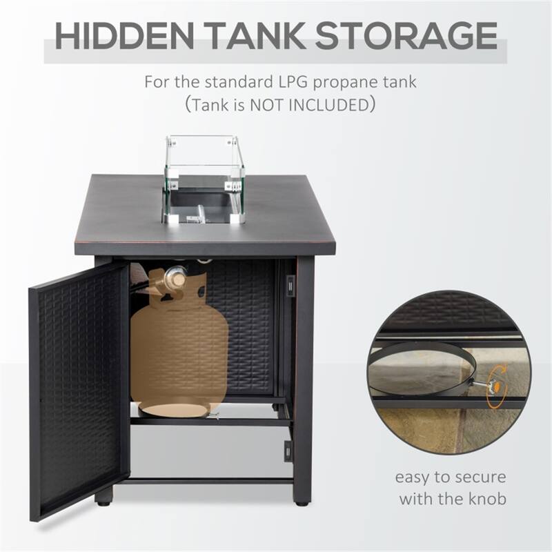 43 Inch Bronze Propane Fire Pit Table with 50000 BTU Burner Glass Wind Guard Lid Blue Fire Glass - 43" L x 22" W x 24.75" H