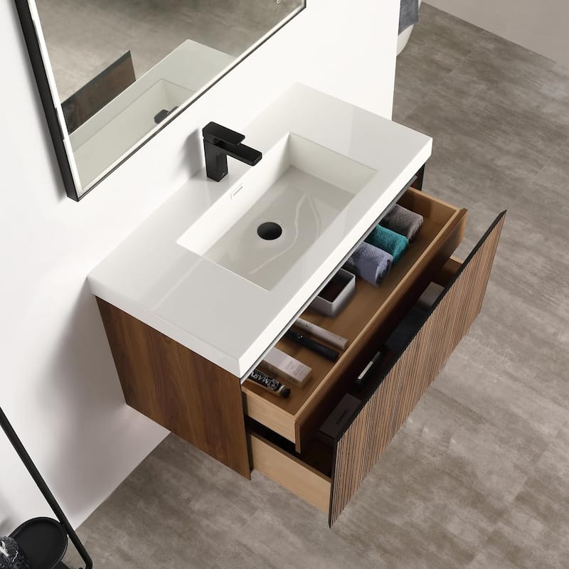 Blossom Lille Brown Walnut Floating Vanity with LED & Acrylic Sink